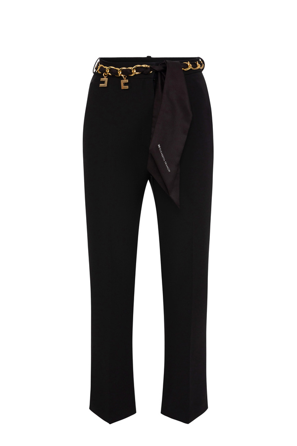 Hose mit leichtem Schlag aus Stretch-Crêpe und Gürtel mit Tuch - Elisabetta Franchi® Outlet