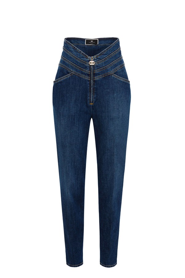 Hochgeschittene Jeans mit Bund und Logo - Elisabetta Franchi® Outlet