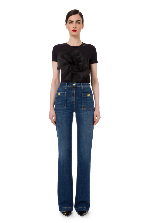 Palazzo denim trousers with studs - Elisabetta Franchi® Outlet