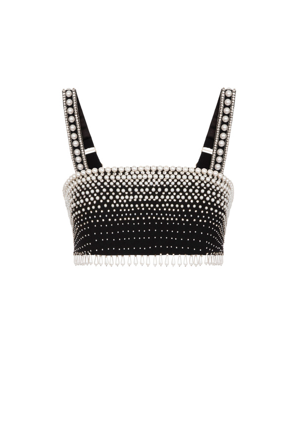 Crêpe top with pearl fringe - Elisabetta Franchi® Outlet