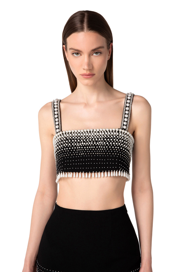 Crêpe top with pearl fringe - Elisabetta Franchi® Outlet