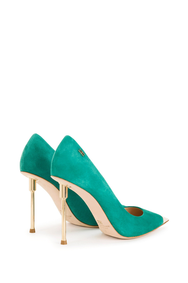 Suede pumps with gold sculptured heel - Elisabetta Franchi® Outlet
