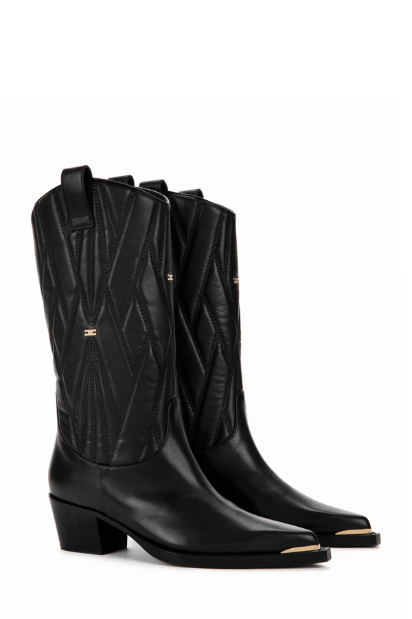 Texan boots with embroidered leg and gold toe cap - Elisabetta Franchi® Outlet