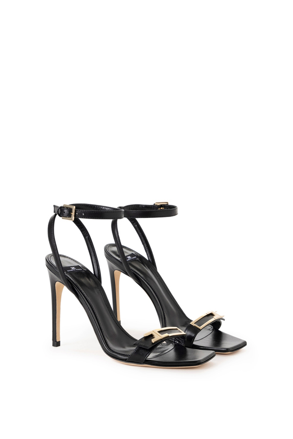 Leather sandals with logo plaque - Elisabetta Franchi® Outlet