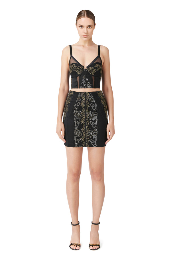 Top and miniskirt outfit in satin with lace inserts - Elisabetta Franchi® Outlet