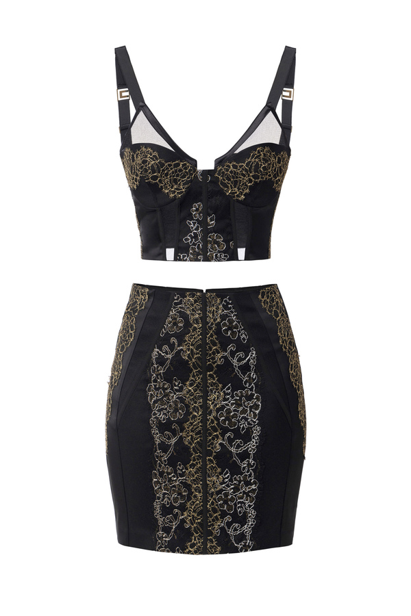 Top and miniskirt outfit in satin with lace inserts - Elisabetta Franchi® Outlet