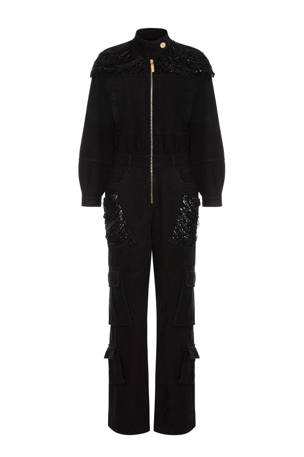 Jumpsuit aus Denim mit Pailletten Detail - Elisabetta Franchi® Outlet