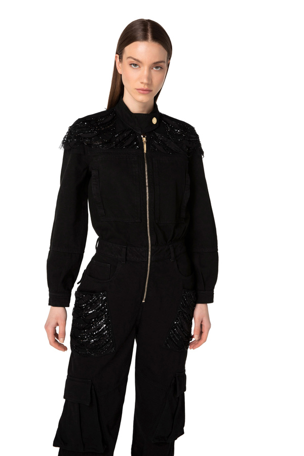 Denim jumpsuit with sequins detail - Elisabetta Franchi® Outlet