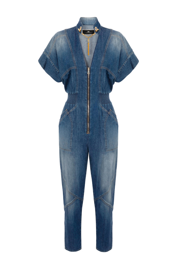 Denim jumpsuit with cufflink on the neckline - Elisabetta Franchi® Outlet
