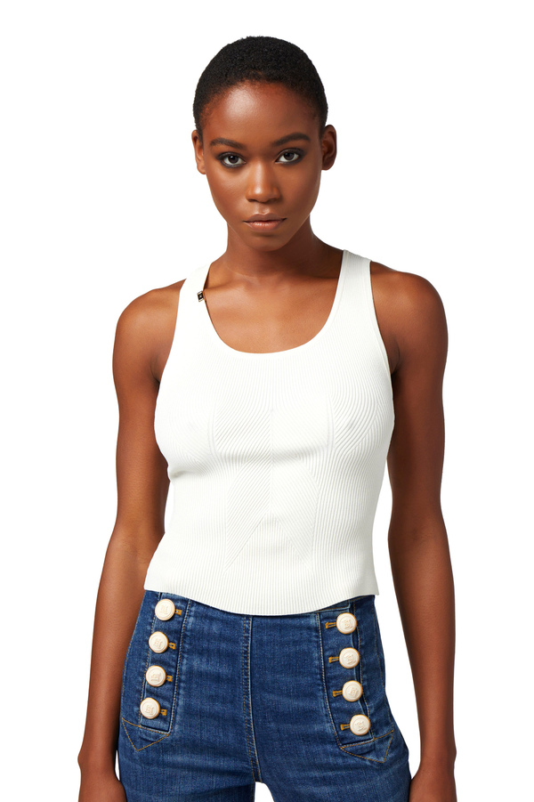 Fine ribbed viscose top with asymmetric neckline - Elisabetta Franchi® Outlet