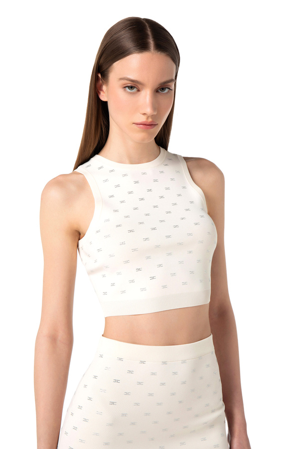 Crop top in maglia con pattern logo - Elisabetta Franchi® Outlet