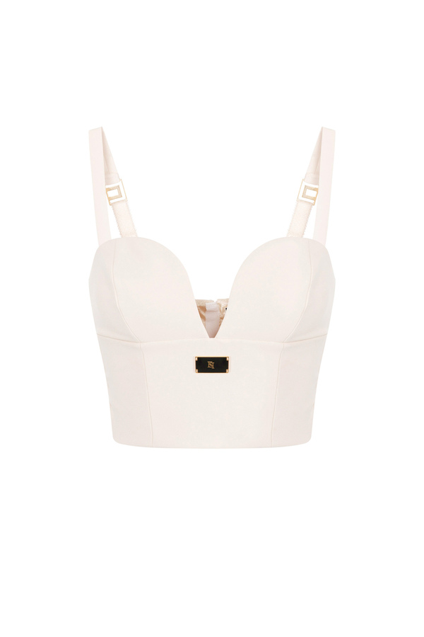 Bustier top in stretch crêpe with enamelled logo plaque - Elisabetta Franchi® Outlet