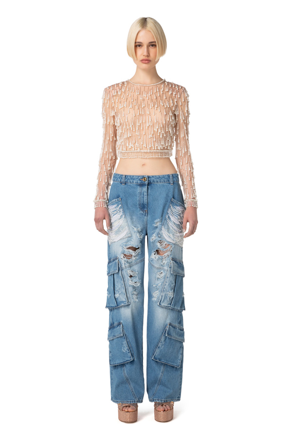 Top aus Tüll mit Perlenstickerei - Elisabetta Franchi® Outlet