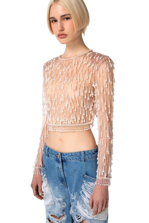 Top aus Tüll mit Perlenstickerei - Elisabetta Franchi® Outlet