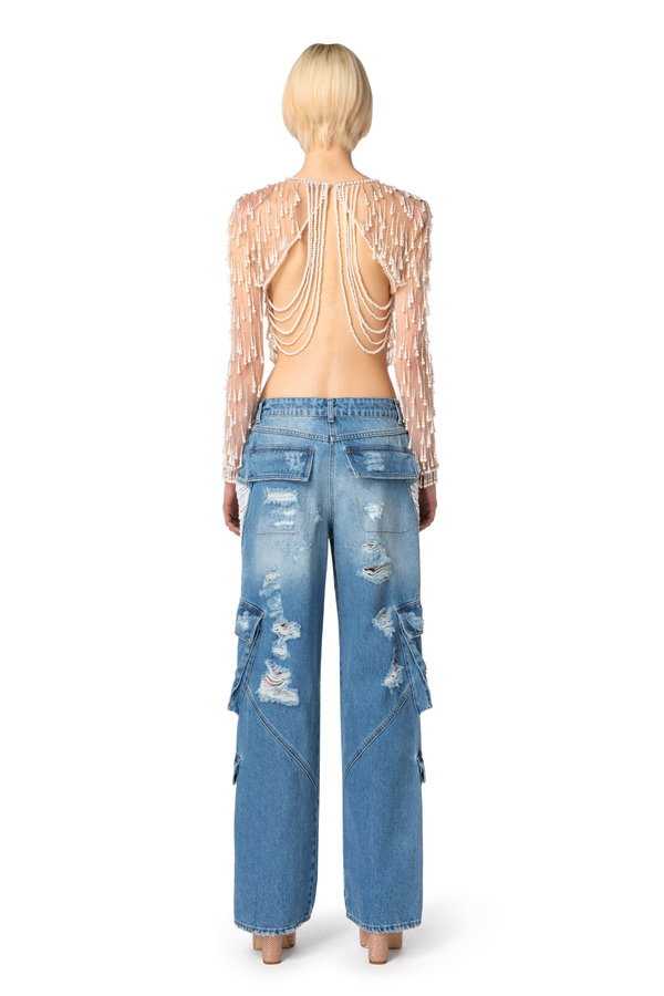Top aus Tüll mit Perlenstickerei - Elisabetta Franchi® Outlet