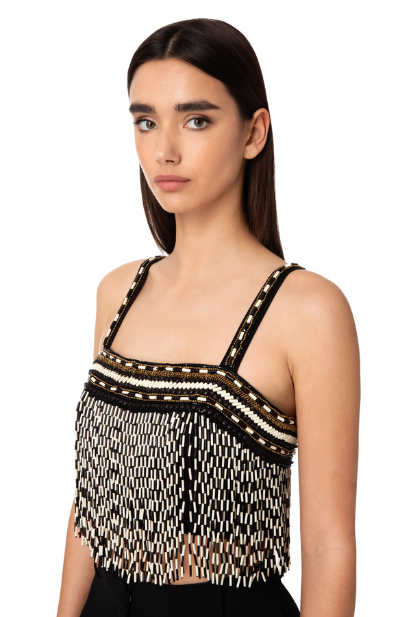 Top with ethnic embroidery and two-tone fringe - Elisabetta Franchi® Outlet