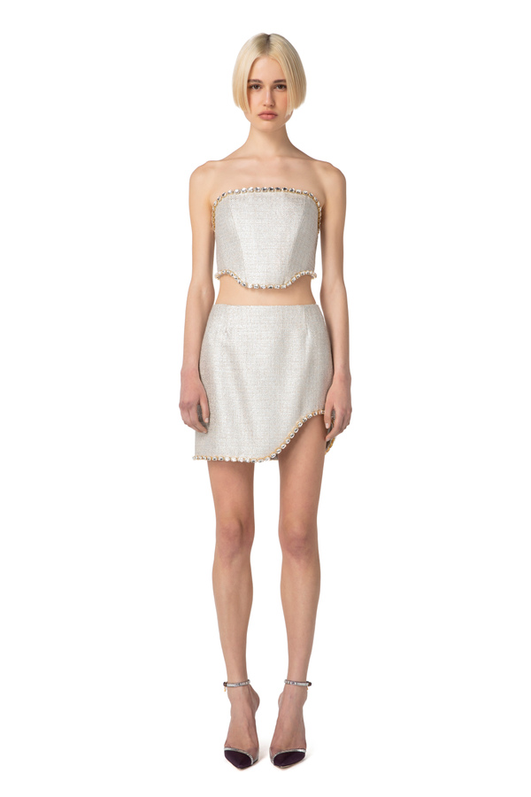 Top aus laminiertem Tweed mit Schmucksteinen - Elisabetta Franchi® Outlet