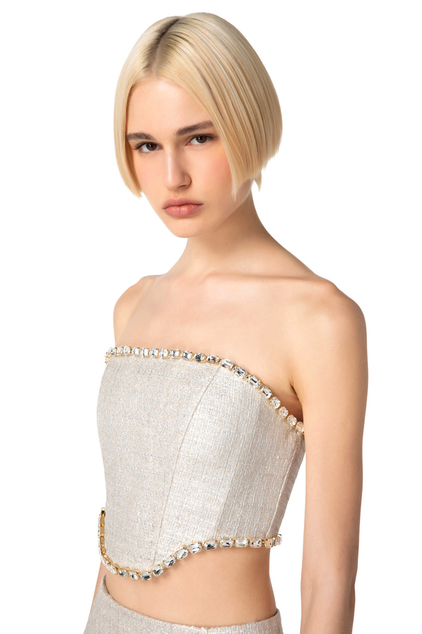 Top aus laminiertem Tweed mit Schmucksteinen - Elisabetta Franchi® Outlet