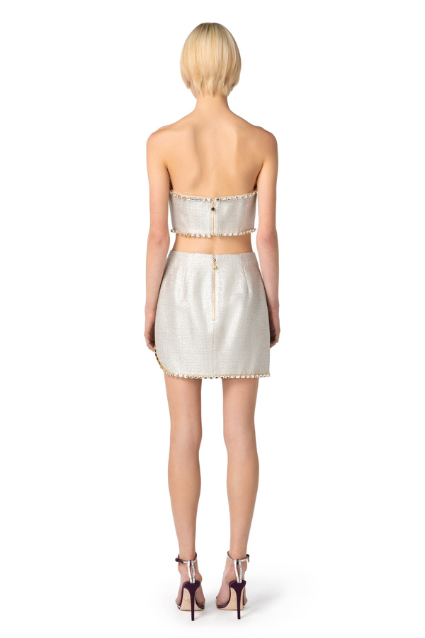 Top aus laminiertem Tweed mit Schmucksteinen - Elisabetta Franchi® Outlet