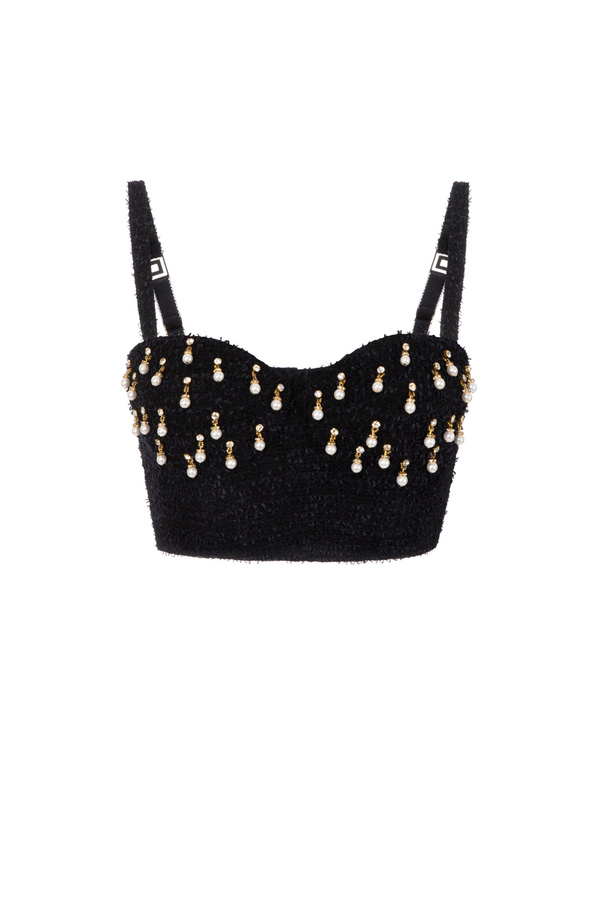 Bustier top in tweed with pearls - Elisabetta Franchi® Outlet