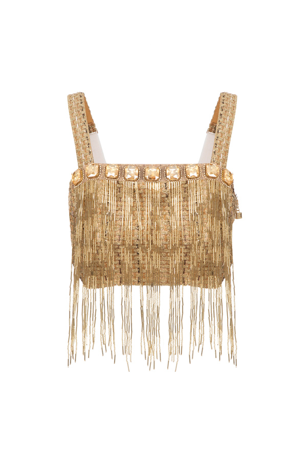 Crop top in tweed fabric with fringes - Elisabetta Franchi® Outlet