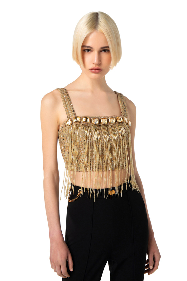 Crop top in tweed fabric with fringes - Elisabetta Franchi® Outlet