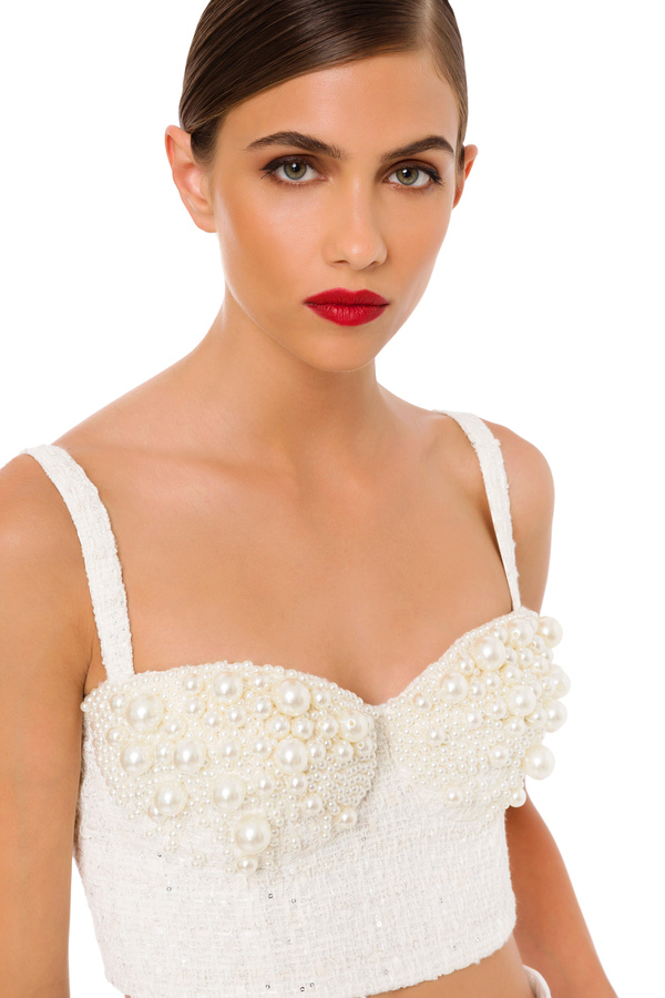 Tweed bustier with pearls - Elisabetta Franchi® Outlet