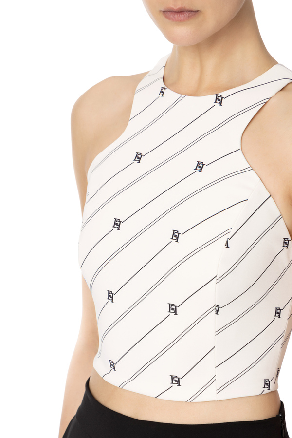 Top en crêpe stretch imprimé logo avec chaîne foulard - Elisabetta Franchi® Outlet