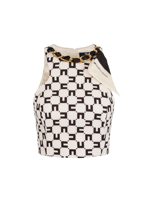 Stretch crêpe top with logo print and foulard scarf chain - Elisabetta Franchi® Outlet