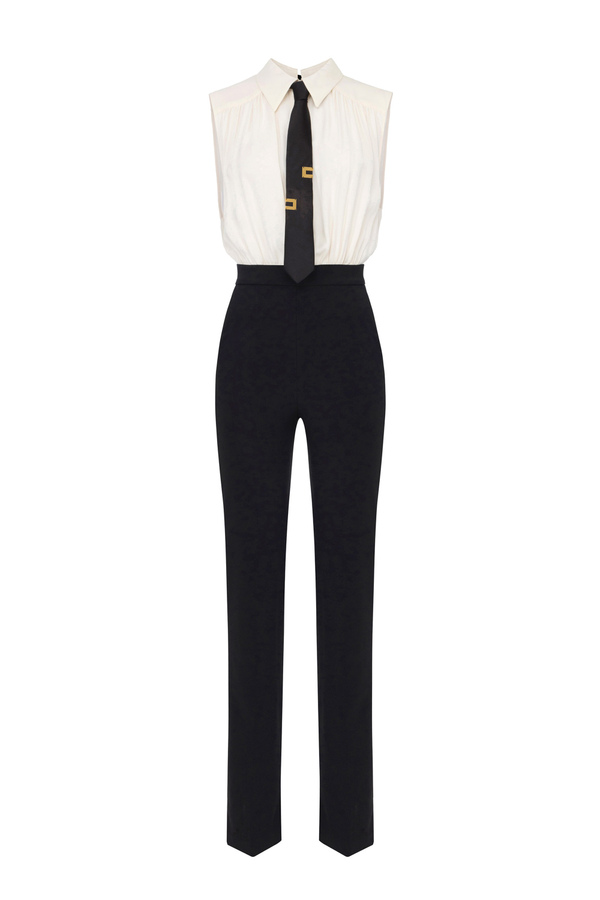 Crêpe and viscose combined jumpsuit with tie - Elisabetta Franchi® Outlet