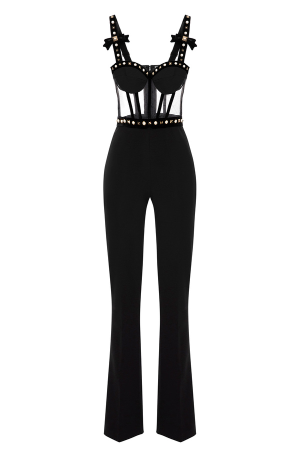 Double layer crêpe jumpsuit with embroidered tulle bodice - Elisabetta Franchi® Outlet