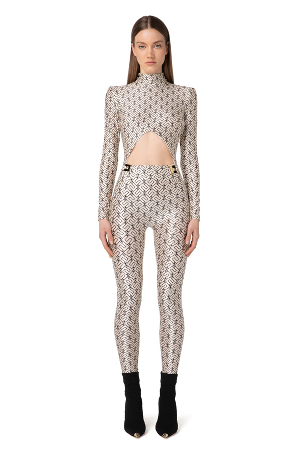 Lycra jumpsuit with logo print - Elisabetta Franchi® Outlet