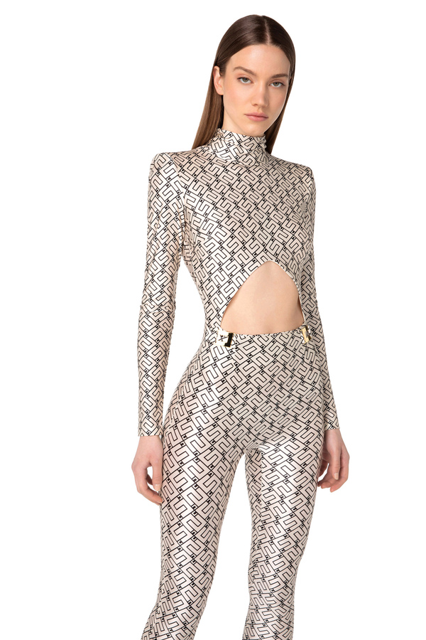 Lycra jumpsuit with logo print - Elisabetta Franchi® Outlet