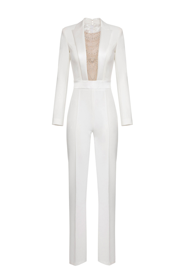 Jumpsuit in crêpe fabric with pearl and rhinestone embroidery - Elisabetta Franchi® Outlet