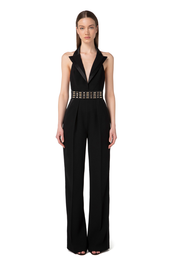 Jumpsuit in crepe fabric with duchess satin lapels - Elisabetta Franchi® Outlet