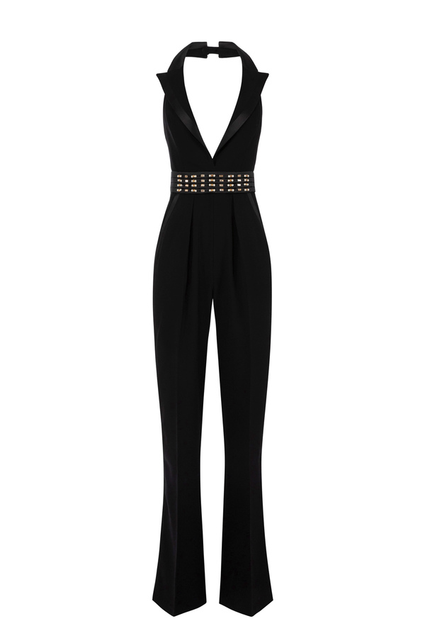 Jumpsuit in crepe fabric with duchess satin lapels - Elisabetta Franchi® Outlet