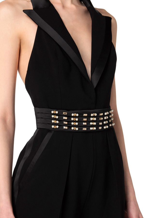 Jumpsuit in crepe fabric with duchess satin lapels - Elisabetta Franchi® Outlet