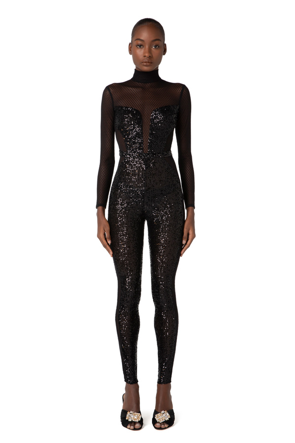 Jumpsuit with embroidered tulle and sequins - Elisabetta Franchi® Outlet