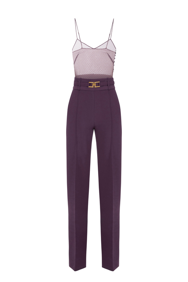 Jumpsuit in crêpe and tulle fabric with belt - Elisabetta Franchi® Outlet