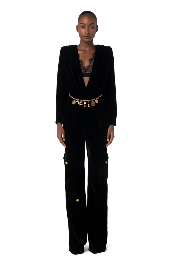 Jumpsuit aus Samt mit Spitzen-BH - Elisabetta Franchi® Outlet