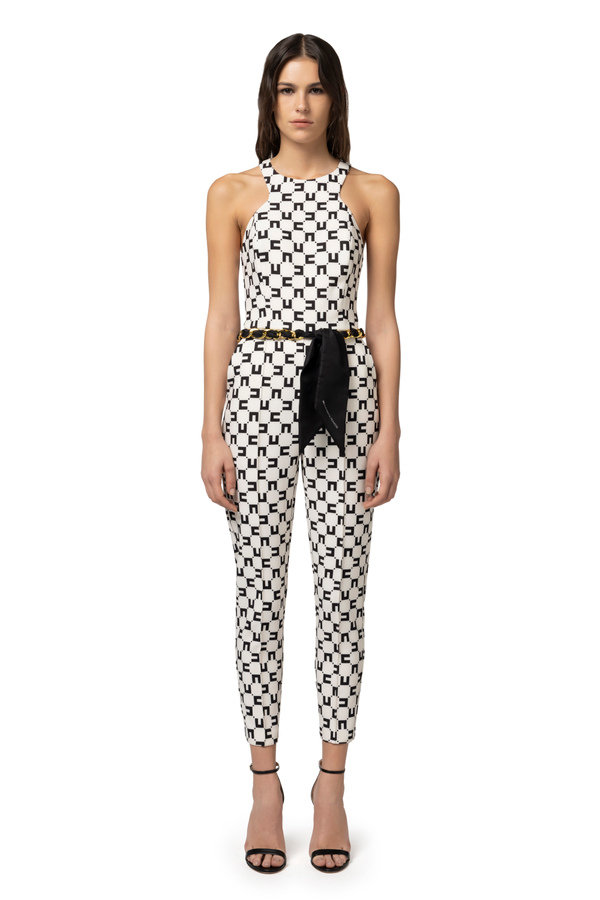 Jumpsuit in double layer crêpe fabric with logo print and chain belt - Elisabetta Franchi® Outlet