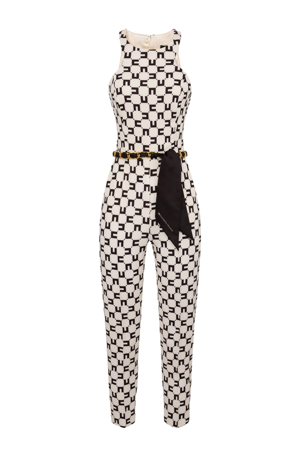 Jumpsuit in double layer crêpe fabric with logo print and chain belt - Elisabetta Franchi® Outlet