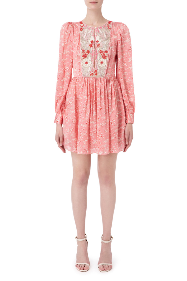 Satin mini dress with micro flower print - Elisabetta Franchi® Outlet