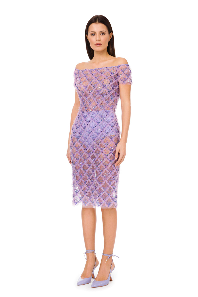 Transparent calf-length dress with embroideries - Evening Dresses | Elisabetta Franchi® Outlet