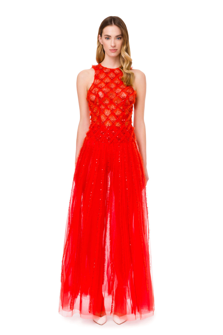 Red Carpet dress in embroidered tulle fabric - Dresses | Elisabetta Franchi® Outlet