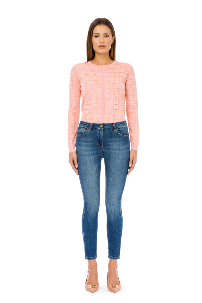 Long-sleeved tricot top with logo print - Jumpers | Elisabetta Franchi® Outlet