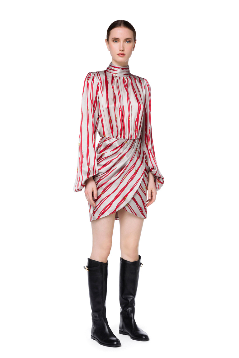 Dress in silk satin fabric with belt-logo print - Dresses | Elisabetta Franchi® Outlet