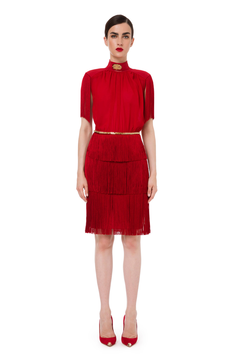 Calf-length dress with fringes and short sleeves - Apparel | Elisabetta Franchi® Outlet