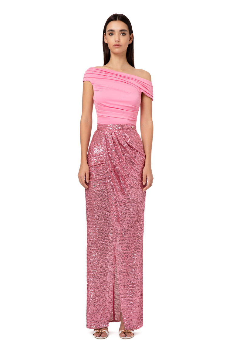 Red carpet dress with jersey top and sequin skirt - Dresses | Elisabetta Franchi® Outlet