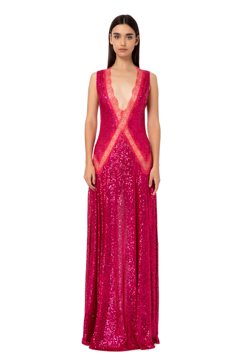 Red carpet dress with insertsin lace and sequin fabric - Dresses | Elisabetta Franchi® Outlet
